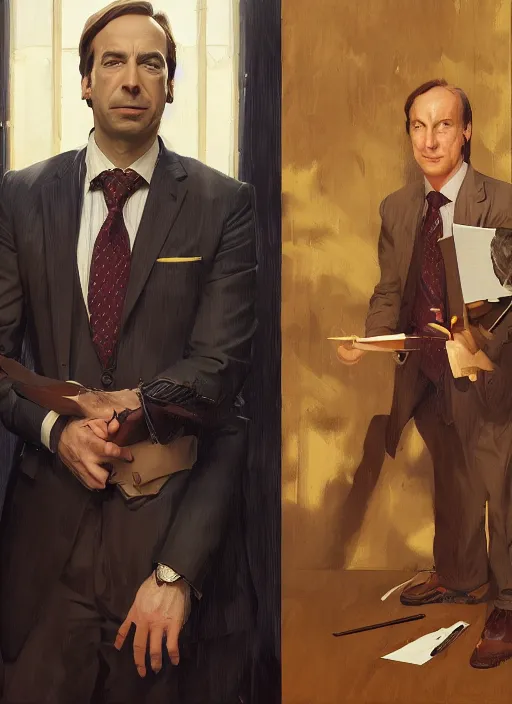Image similar to portrait of saul goodman, portrait of saul goodman, portrait of saul goodman, lawyer clothing, painting by sargent and leyendecker, asymmetrical, intricate, elegant, matte painting, illustration,, by rhads, by greg rutkowski, by greg tocchini, by james gilleard, by joe fenton