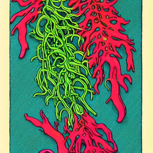 Image similar to vintage colored detailed illustration of random seaweed, neon colors