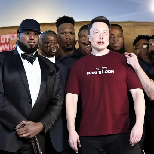 Prompt: elon musk hangs out with the bloods and crips, holding guns, team photo with the boys