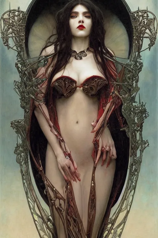 Image similar to masterpiece painting of beautiful vampire girl by donato giancola, darius zawadzki and tom bagshaw, face by artgerm and edmund leighton, alphonse mucha, background by james jean and h. r. giger, 8 k, biomechanical horror, majestic, volumetric lighting, porcelain skin, french nouveau, trending on pixiv