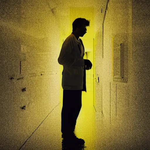 Prompt: a male scientist wearing a lab coat standing lost in the backrooms, mono - yellow old moist carpet infinite liminal space, very dark shadows, fluorescent lighting, horror movie scene, film grain