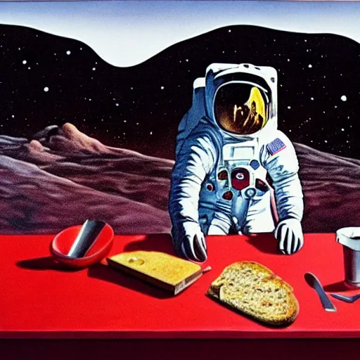 Prompt: An astronaut on the moon without his helmet eating garlic bread with knife and fork on top of a red table and earth in the background,oil painting