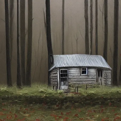 Prompt: a painting of a Eerie cabin in the middle of the woods in the style of Banksy
