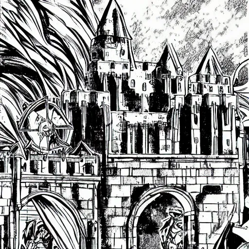 Prompt: castle scene manga, comic book panels background, style of kentaro miura and kazue kato, sketch, black and white, very detailed medieval, comic book art, inside the walls