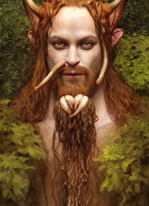 Image similar to a fantasy character portrait of a faun, a humanioid creature of the forest, an old pagan god designed by guillermo del toro, symmetry, highly detailed digital painting, trending on artstation, art by edmund blair leighton and phil hale and ilya repin and charlie bowater