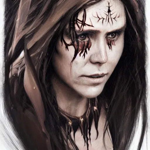 Image similar to portrait of an woman by Greg Rutkowski, she is about 20 years old, pretty, long brown wavy hair, tribal tattoos on her face, scar near her mouth that makes her look like she's smiling all the time, wearing black sith robes, Star Wars Expanded Universe, highly detailed portrait, digital painting, artstation, concept art, smooth, sharp foccus ilustration, Artstation HQ