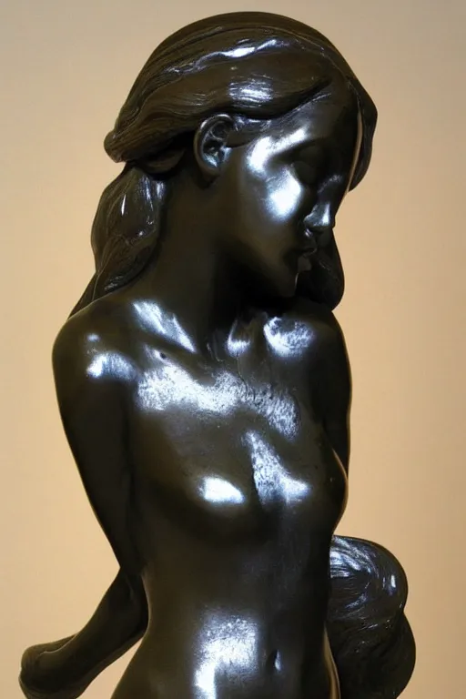 Image similar to nordic girl statue sculpted by bernini and hedi xandt made with black marble with partial gold plating, realistic