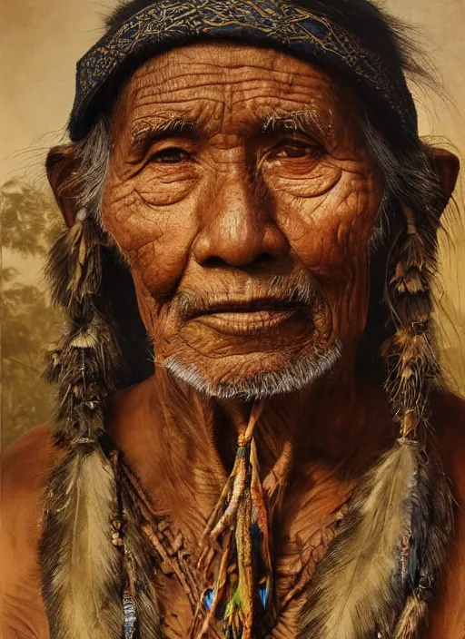 Image similar to a beautiful painting portrait of a very old indigenous grand-father in the amazon jungle, matte painting, fantasy art, ayahuasca, highly detailed