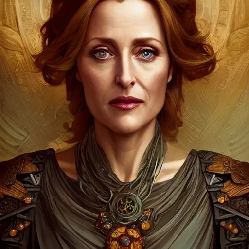 Image similar to gillian anderson, d & d, fantasy, intricate, elegant, highly detailed, digital painting, artstation, concept art, matte, sharp focus, illustration, hearthstone, art by artgerm and greg rutkowski and alphonse mucha