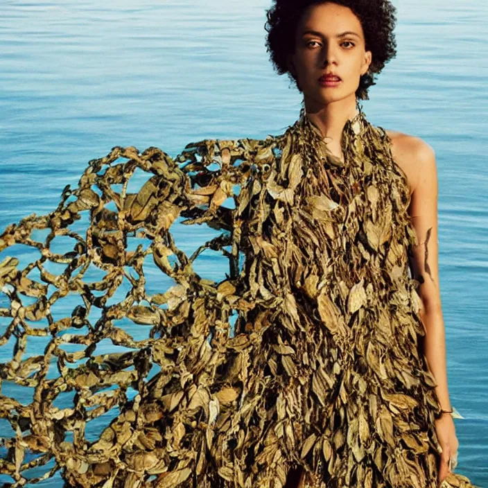 Prompt: a woman with a dress made of leaves and chains, standing next to water, golden hour, vogue magazine