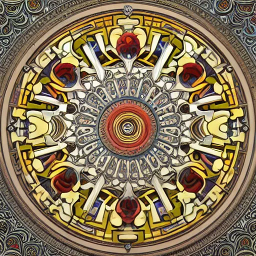 Prompt: huge 3 d plasterwork mural colourful detailed ornamental abstract art nouveau large circle, detailed nature textures, full sized centered circle, art by alphonse mucha and walter crane and louis sullivan and william morris, 8 k octane render