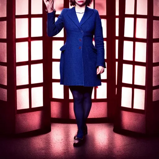 Image similar to a beautiful full body photograph of hayley atwell dressed as the doctor from doctor who standing in front of the tardis, symmetrical face, extreme realism and detail, 8 k, completely framed, direct lighting, 3 5 mm photo, photorealistic, sharp focus