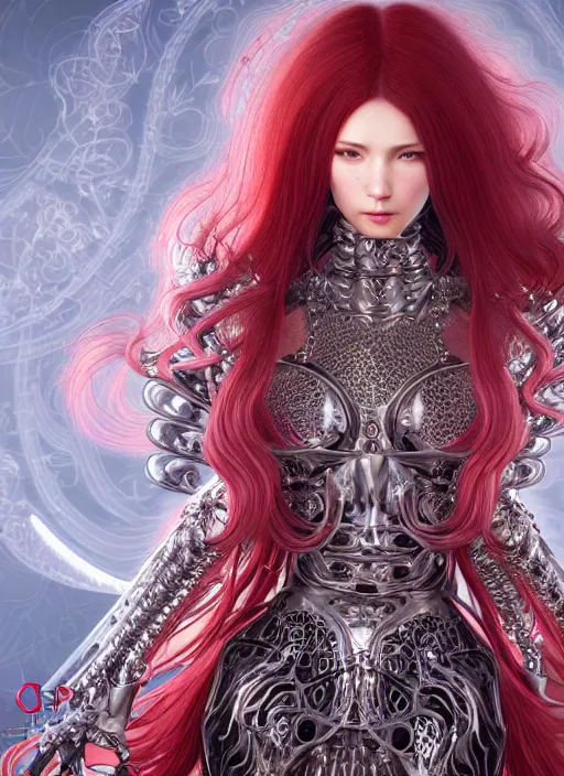 Prompt: highly detailed cdpr character design armor witch 8 k metahuman, hajime sorayama, red long wavy hair, lace dress, ayami kojima, clear symmetrical face, butterfly renaissance, game assets, swarovski, unreal engine, sharp focus, jewelry iridescent, illustration, elegant, artgerm, alphonse mucha