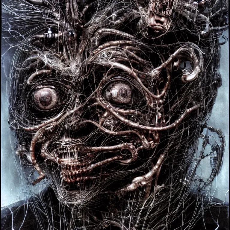 Image similar to portrait of neural nightmares by yoshitaka amano and HR Giger, detailed face face face face, facial structure, hd, 8k, very very very very electronic, biomechanical, biology, bio, neural machine, single subject, terror