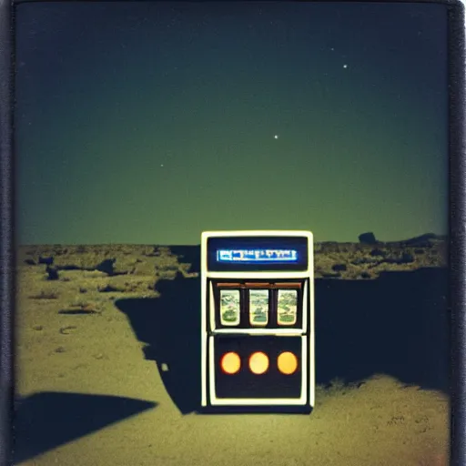 Image similar to a slot machine in the middle of a desert at night, liminal space, old polaroid, expired film, slightly blurry,