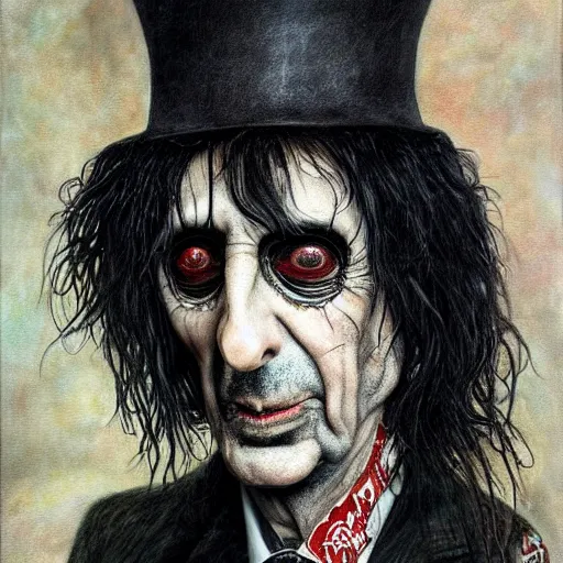 Image similar to a hyperrealistic painting of Alice Cooper by Santiago Caruso