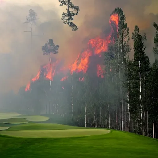 Image similar to lush golf course surrounded by forests on fire