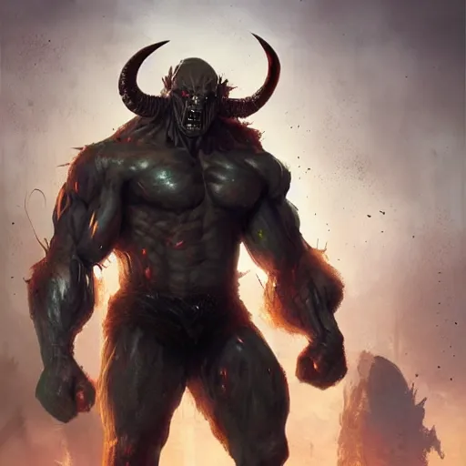 Image similar to mutant man, fantasy boss fight, dramatic illustration, muscular character, huge horns, art by greg rutkowski, digital art, artstation