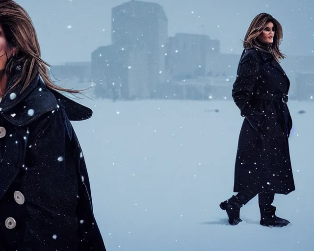 Prompt: portrait of cindy crawford in a trench coat on a windy evening, winter, snow, artstation, volumetric lighting, octane render, sylvain sarrailh