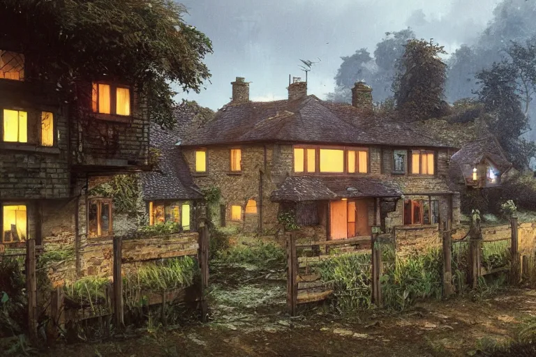 Image similar to cyberpunk, an estate agent listing photo of a 5 bedroom detached house in the countryside, by Paul Lehr, highly detailed, photorealistic, 8k, anamorphic, cinestill cinematrography