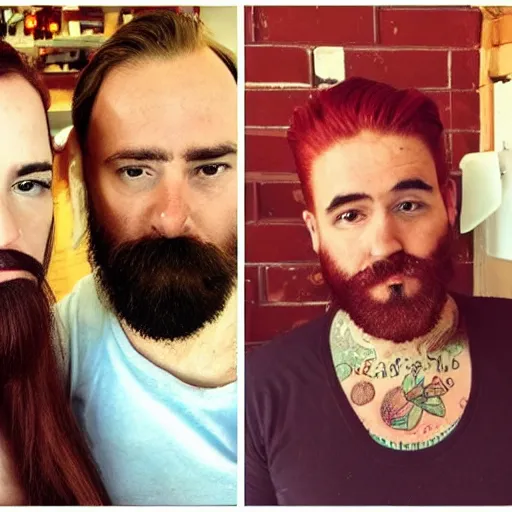 Image similar to a woman with straight red hair and a man with a dark well groomed beard and tattoos frowning at peas and pumpkin
