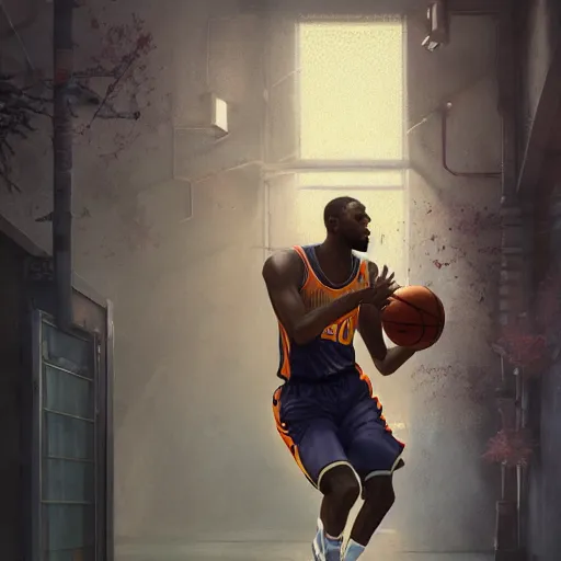 Image similar to highly detailed basketball player, in gta v, stephen bliss, unreal engine, fantasy art by greg rutkowski, loish, rhads, ferdinand knab, makoto shinkai and lois van baarle, ilya kuvshinov, rossdraws, tom bagshaw, global illumination, radiant light, detailed and intricate environment