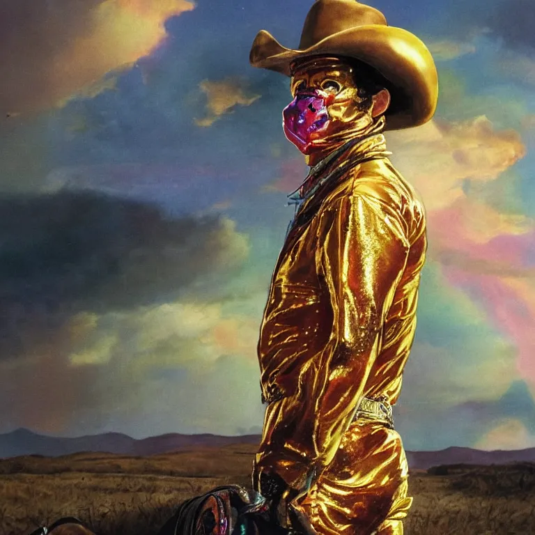 Image similar to 1 9 8 0's spaghetti western film octane render portrait by wayne barlow and carlo crivelli and glenn fabry, a person wearing a shiny colorful iridescent latex suit and mask and cowboy hat covered in liquid gold, standing in a colorful scenic western landscape with multicolored clouds, cinema 4 d, ray traced lighting, very short depth of field, bokeh