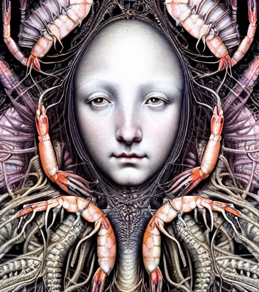 Image similar to detailed realistic beautiful shrimp goddess face portrait by jean delville, gustave dore, iris van herpen and marco mazzoni, art forms of nature by ernst haeckel, art nouveau, symbolist, visionary, gothic, neo - gothic, pre - raphaelite, fractal lace, intricate alien botanicals, ai biodiversity, surreality, hyperdetailed ultrasharp octane render