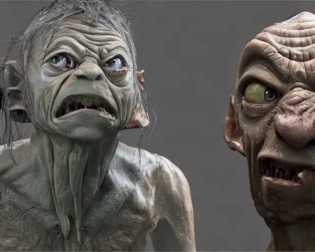 Image similar to wawrick davies as gollum, character art, by various concept artists, redshift render, hyperrealistic face, photorealistic render