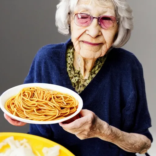 Image similar to grandma posing with her spaghetti, messy gross, she needs to wash