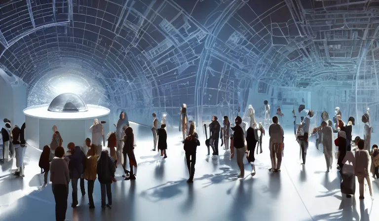 Image similar to crowd of people in simple white museum, looking at hologram of futuristic city on a circular table, cinematic concept art, godrays, golden hour, natural sunlight, 4 k, clear details, tabletop model buildings, center model buildings, hologram center, crane shot, crane shot, crane shot, white walls