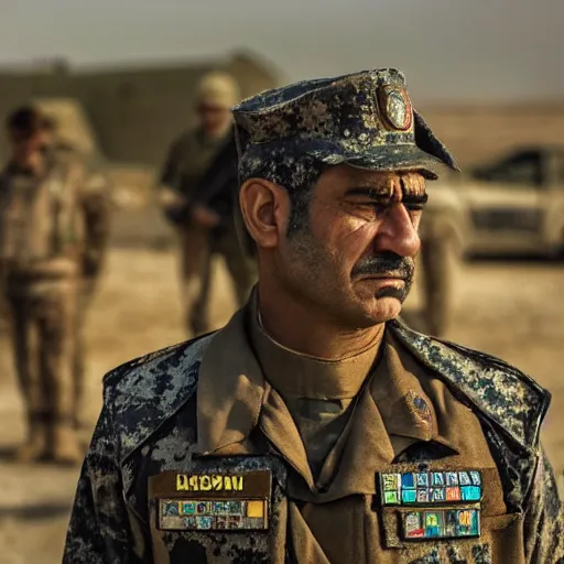 Image similar to kurdish military general in a movie directed by christopher nolan, movie still frame, promotional image, imax 7 0 mm footage, strong and imposing