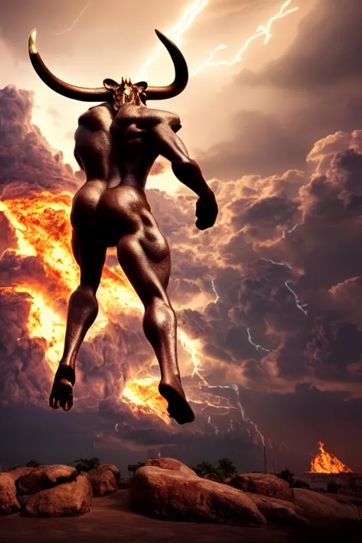 Image similar to photograph of a minotaur standing in front of a city on fire, photorealism, photo-realistic, 4k, highly detailed, octane render, dramatic lightning, by El Greco,
