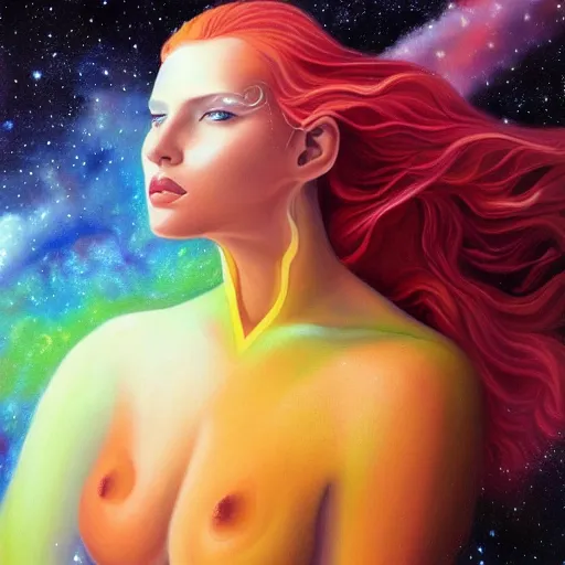 Image similar to A beautiful painting of a female cosmic being with a nebula as its body by Jim Burns, 8K, ultra-detailed , Trending on artstation.