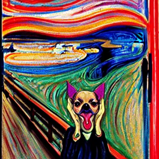 Prompt: a mouth-opened chihuahua in shock , in the Style of The Scream , painted by Edvard Munch
