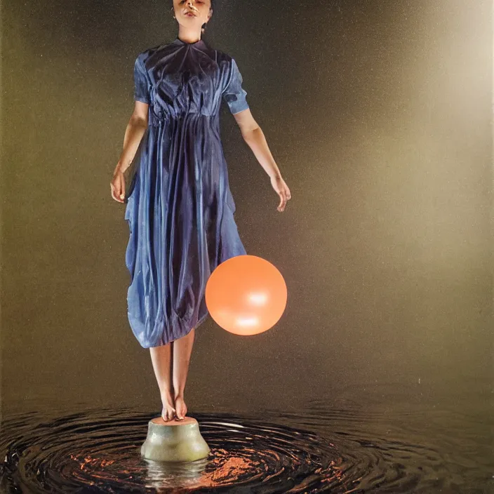 Image similar to a closeup portrait of a woman wrapped in plastic, standing next to a levitating copper orb, in a pond, color photograph, by vincent desiderio, canon eos c 3 0 0, ƒ 1. 8, 3 5 mm, 8 k, medium - format print