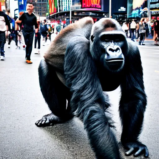 Prompt: a gorilla crossing the street in times square, 4 k photograph, high definition, flattering lighting, low depth of field