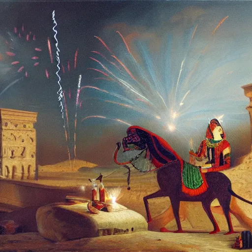 Prompt: an oil panting of cleopatra with her boyfiriend in egypt with fireworks