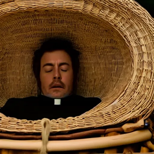 Image similar to close - up of a priest sleeping in a wicker coffin, cinematic shot, photo still from movie by ari aster