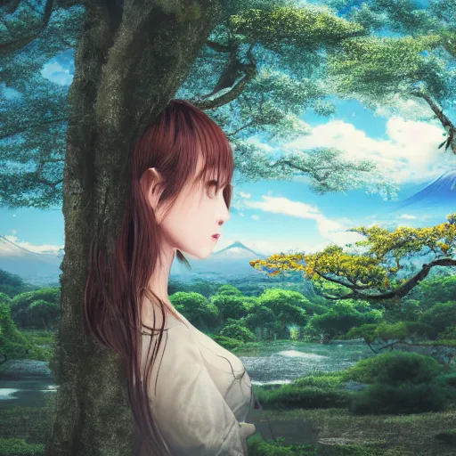 Image similar to a beautiful photograph of a girl with japan landscape in the background with trees, hdr, 8 k, high quality, sharp focus, artstation, highly detailed, award - winning, dramatic lighting, beautiful clouds, and nature