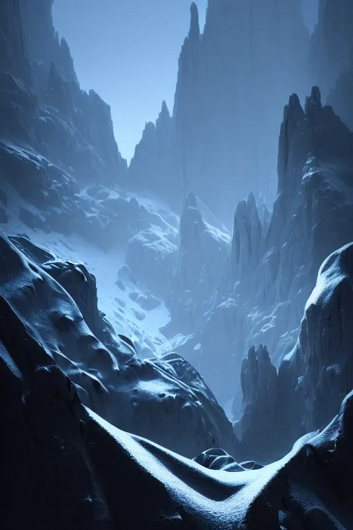 Prompt: futuristic atmosphere in the snowy craggy mountains dolomites 3 d concept art, neon lights, cinematic lighting, rule of thirds, depth of field, intricate details, building by zaha hadid, stormy weather, emissary space by arthur haas and bruce pennington and john schoenherr, cinematic matte painting, dark moody colors, trending on artstation, featured on behance