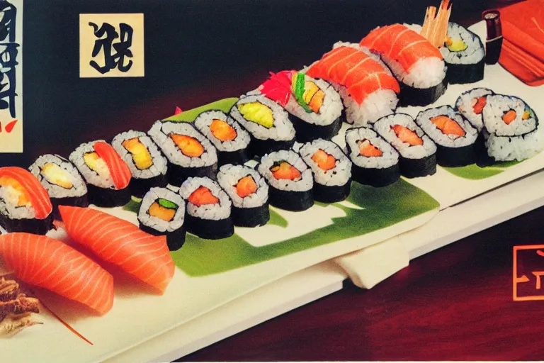 Image similar to sushi advertisment, still life, 1 9 7 0 s japan shouwa advertisement, print, nostalgic