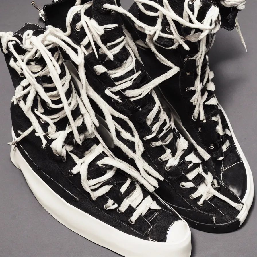 Image similar to hypermaximalist rick owens ramones high - top sneaker, highly detailed and intricate, product photo, 8 k, 5 0 mm, f 3. 4