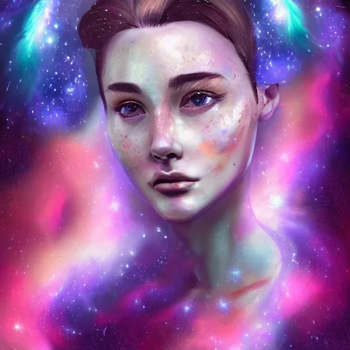 Image similar to beautiful digital painting of woman with freckles and hair made of galaxy nebula, by bearbrickjia, symmetry, realistic facial feature, artstation, artgerm