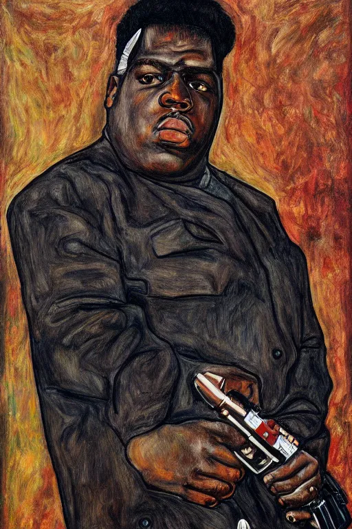 Image similar to a portrait of biggie smalls pointing a gun in style of egon schiele, masterpiece, hyperdetailed, complex, intricate, 4 k, trending on artstation