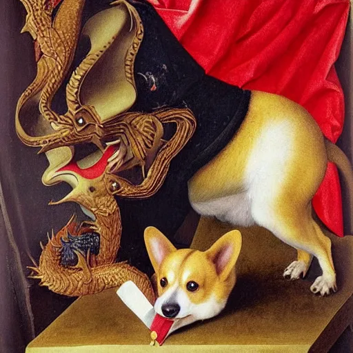 Prompt: a corgi eating a dragon by jan van eyck