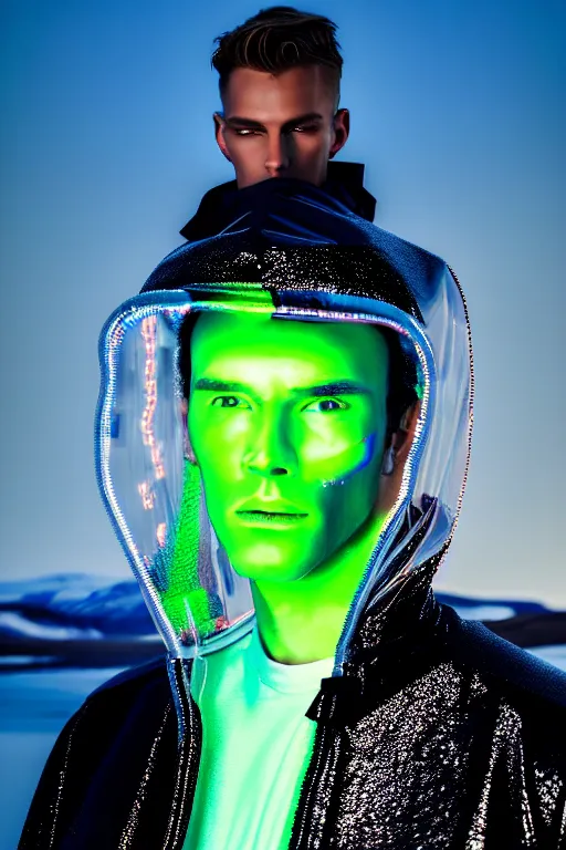 Image similar to an ultra high definition professional high fashion portrait studio full length photograph of a male model wearing a transparent pearlescent raincoat and neon visor in an icelandic black rock environment at dawn. no artefacts. extremely detailed. stark. refraction. shallow depth of field. volumetric light and shadow. ray tracing. light rays.