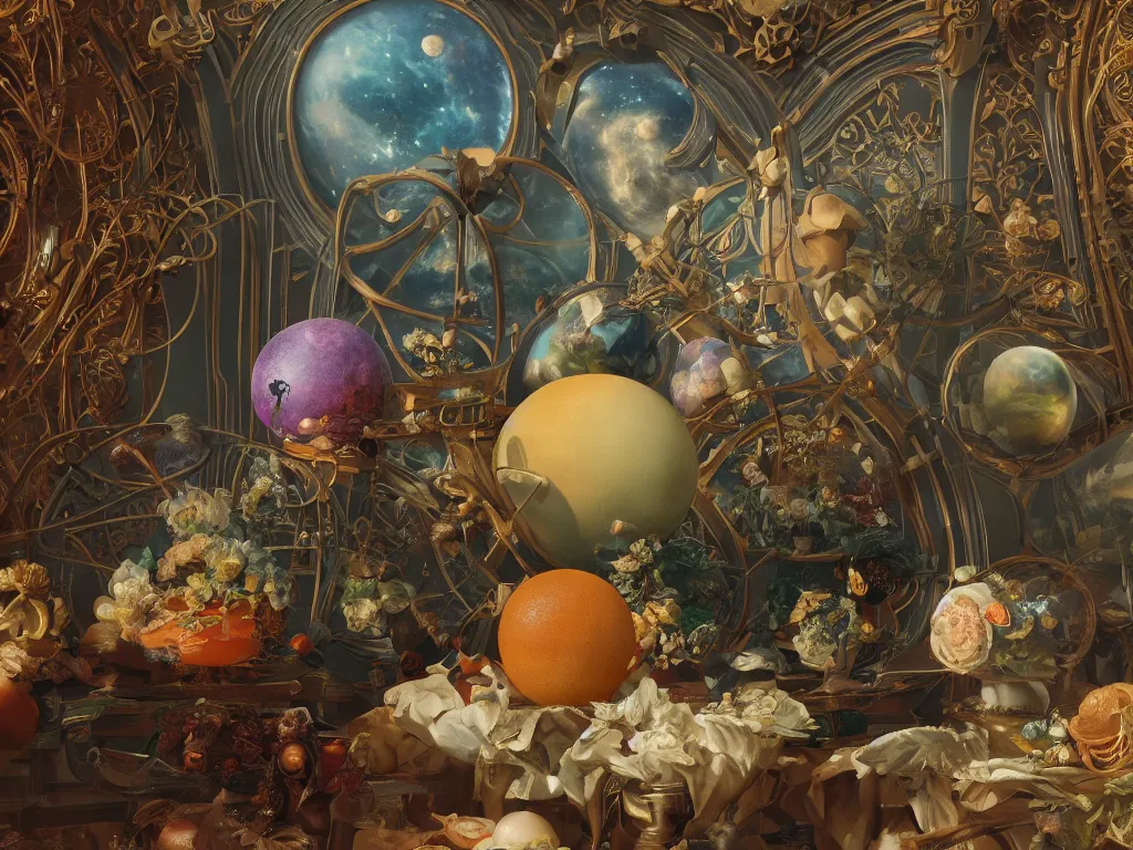 Prompt: f / 4 aperture, the universe is a spheroid region 7 0 5 meters in diameter, sunlight study, art nouveau, by jan davidz de heem and ( ( ( ( ( martin johnson heade ) ) ) ) ) and ( ( ( ( ( lisa frank ) ) ) ) ), 8 k, octane render