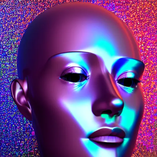 Image similar to 3d render of holographic human robotic head made of glossy iridescent, surrealistic 3d illustration of a human face non-binary, non binary model, 3d model human, cryengine, made of holographic texture, holographic material, holographic rainbow, concept of cyborg and artificial intelligence