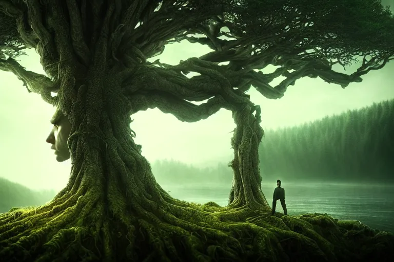 Image similar to an ultra realistic, cinematic headshot portrait, of an evil tree wizard, background of a vast serene landscape, with trees and rivers, detailed, deep focus, movie still, dramatic lighting, ray tracing, by michal karcz and yoshitaka amano